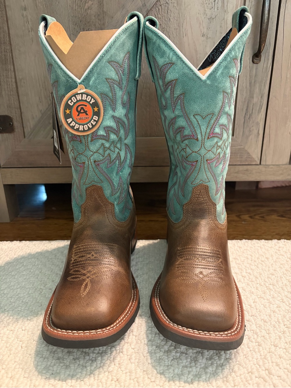 Laredo Anita Leather Boot - Turquoise and Brown Western Cowboy Boots - Picture 2 of 6